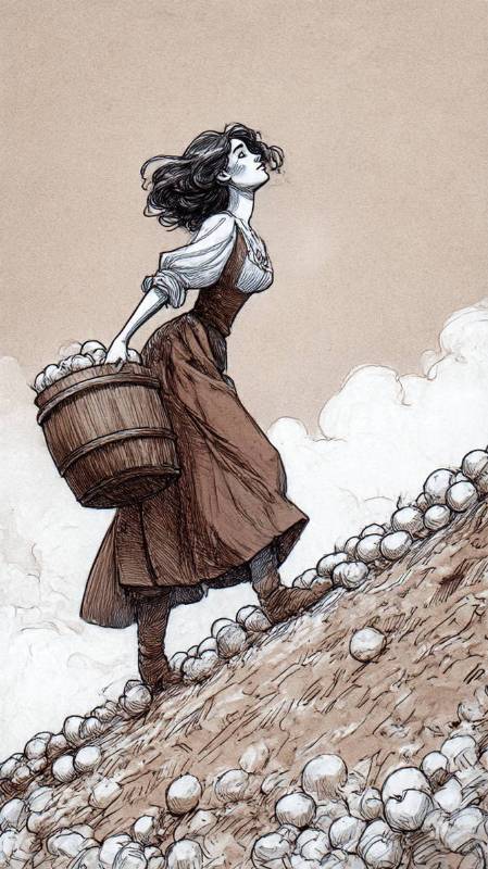 Woman With Basket Of Apples Walking Up Hill