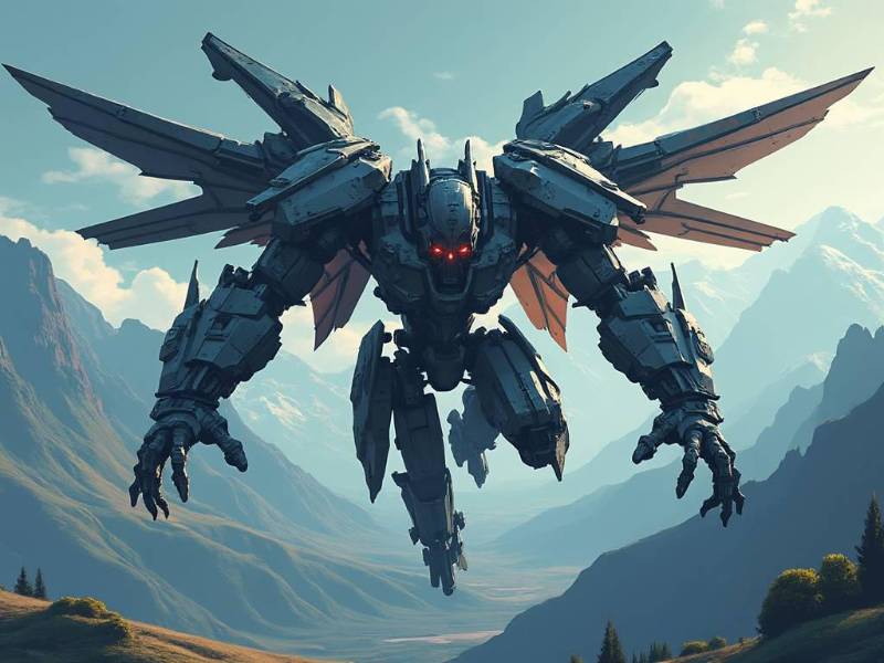 Flying Mech Mountains And Forrest Background