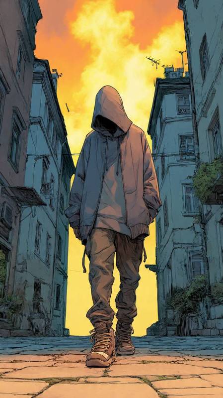 Hoodie Man Walking Golden Fire Sunset