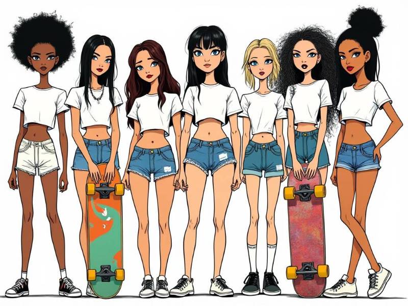 Skater Girls White Shirts And Jean Shorts
