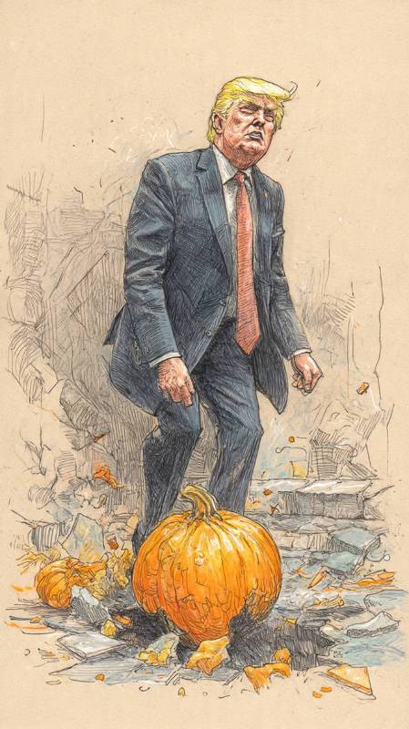 Trump Confronts A Smashed Pumpkin