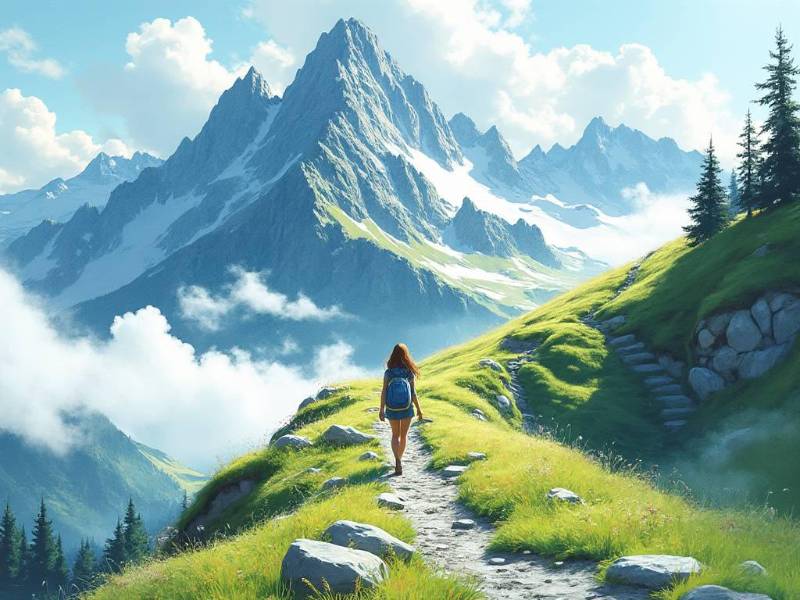 Woman Hiking On Cliffside W Mountainous Background